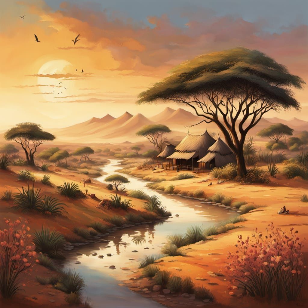 Vibrant African Village Scene with Water Goddess