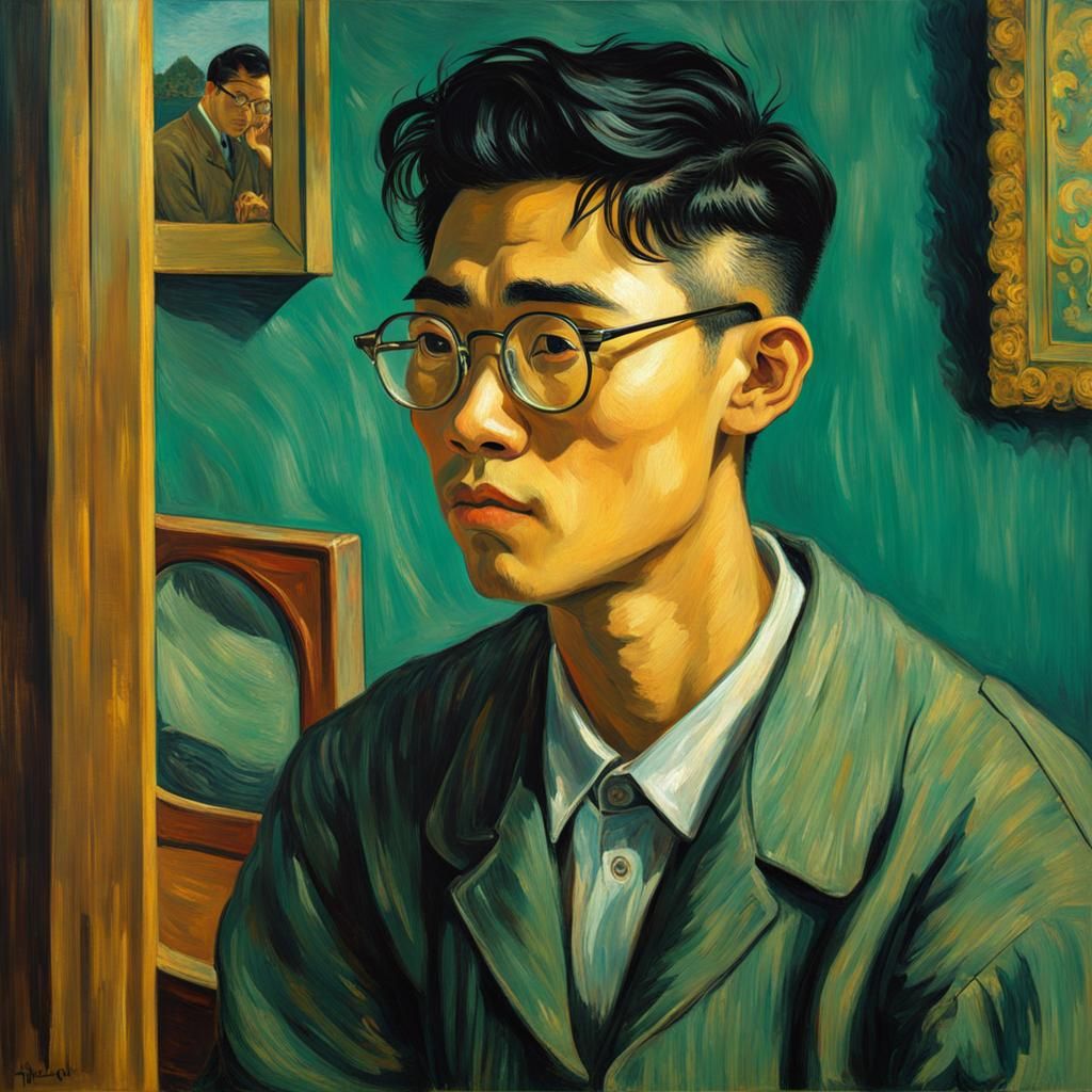 Asian Man's Reflection: A Van Gogh-Style Portrait