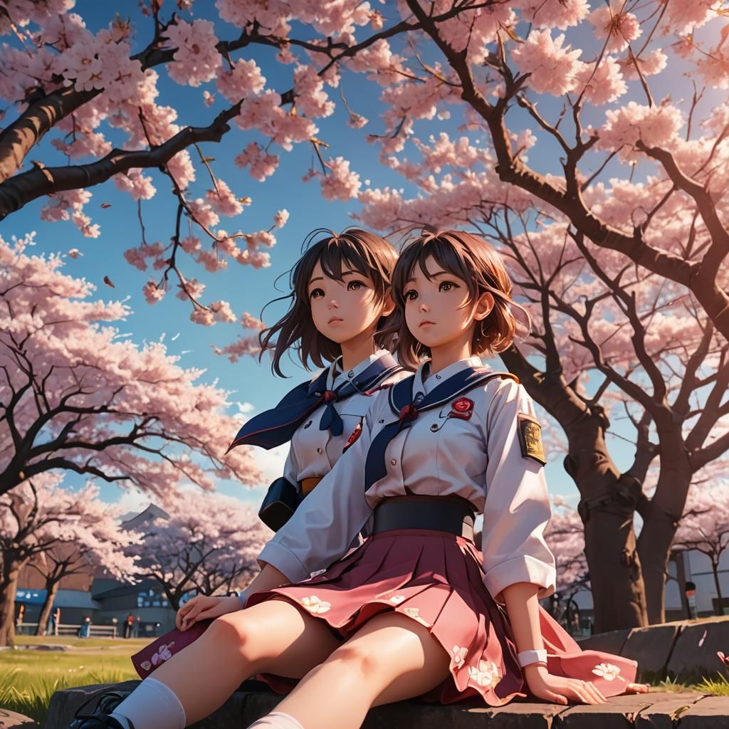 Anime Girl Under Cherry Blossoms in 3D Style
