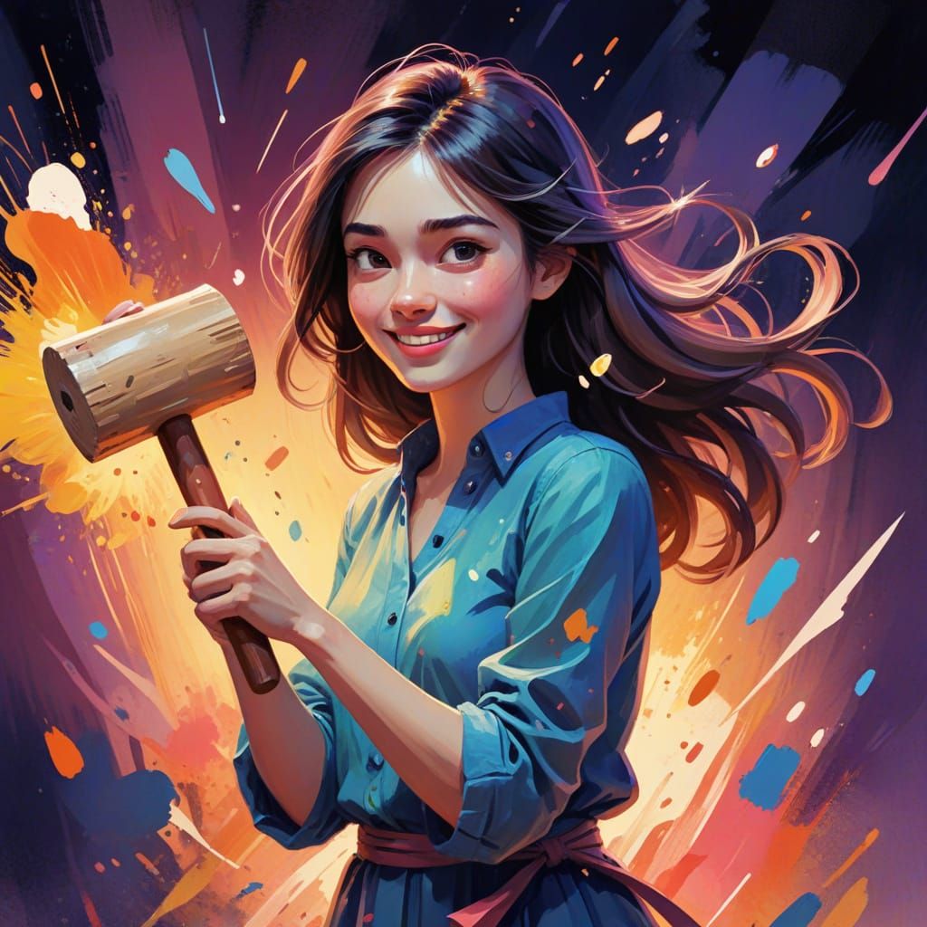 Young Woman Swings Giant Mallet with Playful Smile