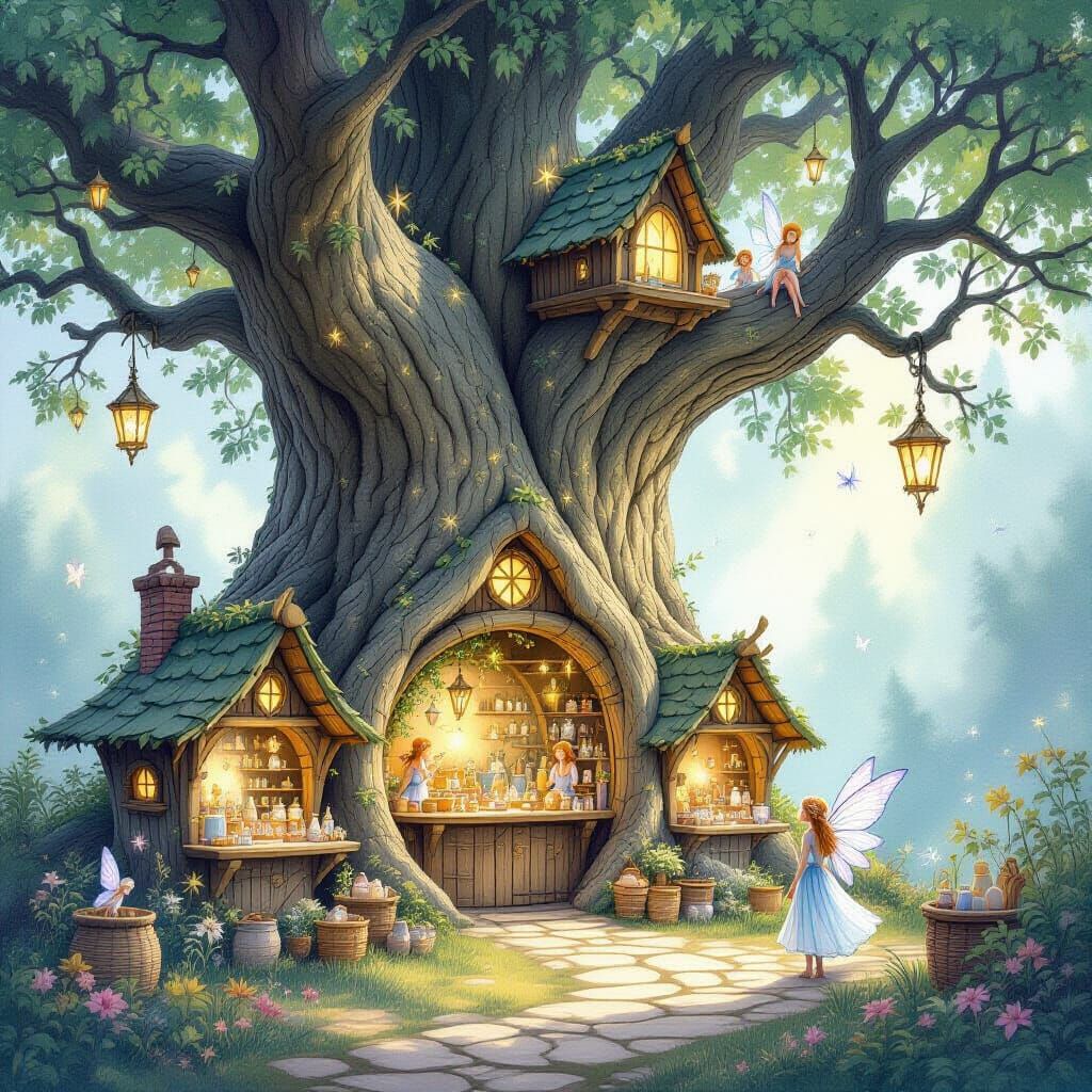 Ethereal Fairy Market in Ancient Tree, Watercolor Style