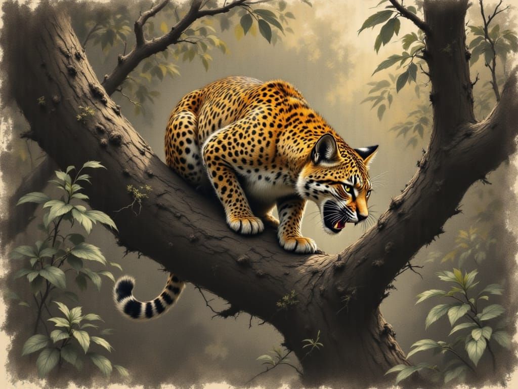 Leopard in Tense Profile, Charcoal Sketch in Golden Hour Lig...