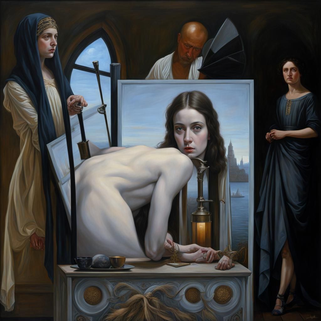 Surrealist Judgement: Oil Painting in Waterhouse Style