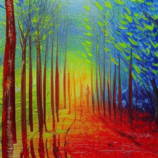 Neo-Impressionist Forest Painting with Textured Paint