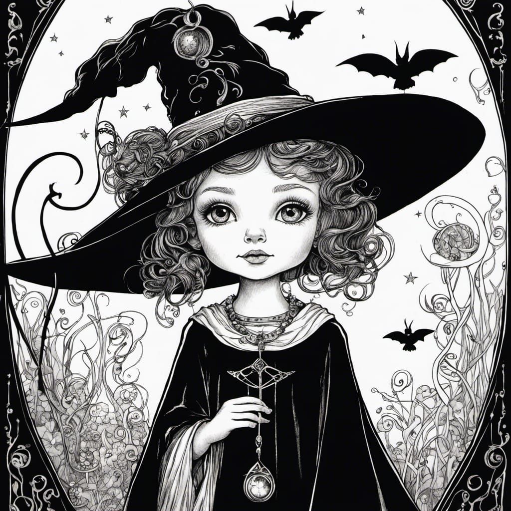 Ink Drawing of a Cute Witch in Art Nouveau Style