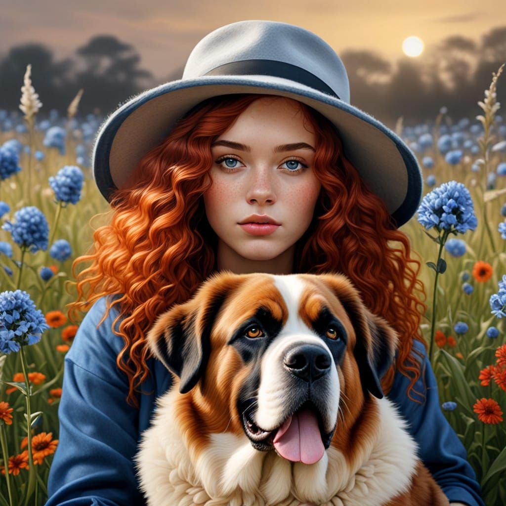 Girl with St Bernard in Flower Field, Oil Painting