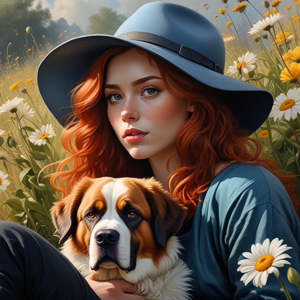 Girl with St Bernard in Misty Flower Field