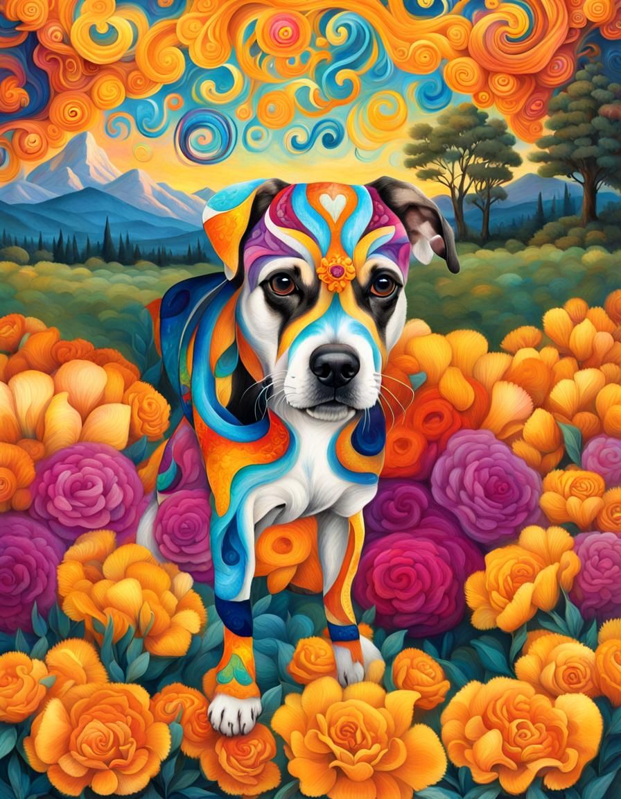 Dog's Face in Día de los Muertos Folk Art Style