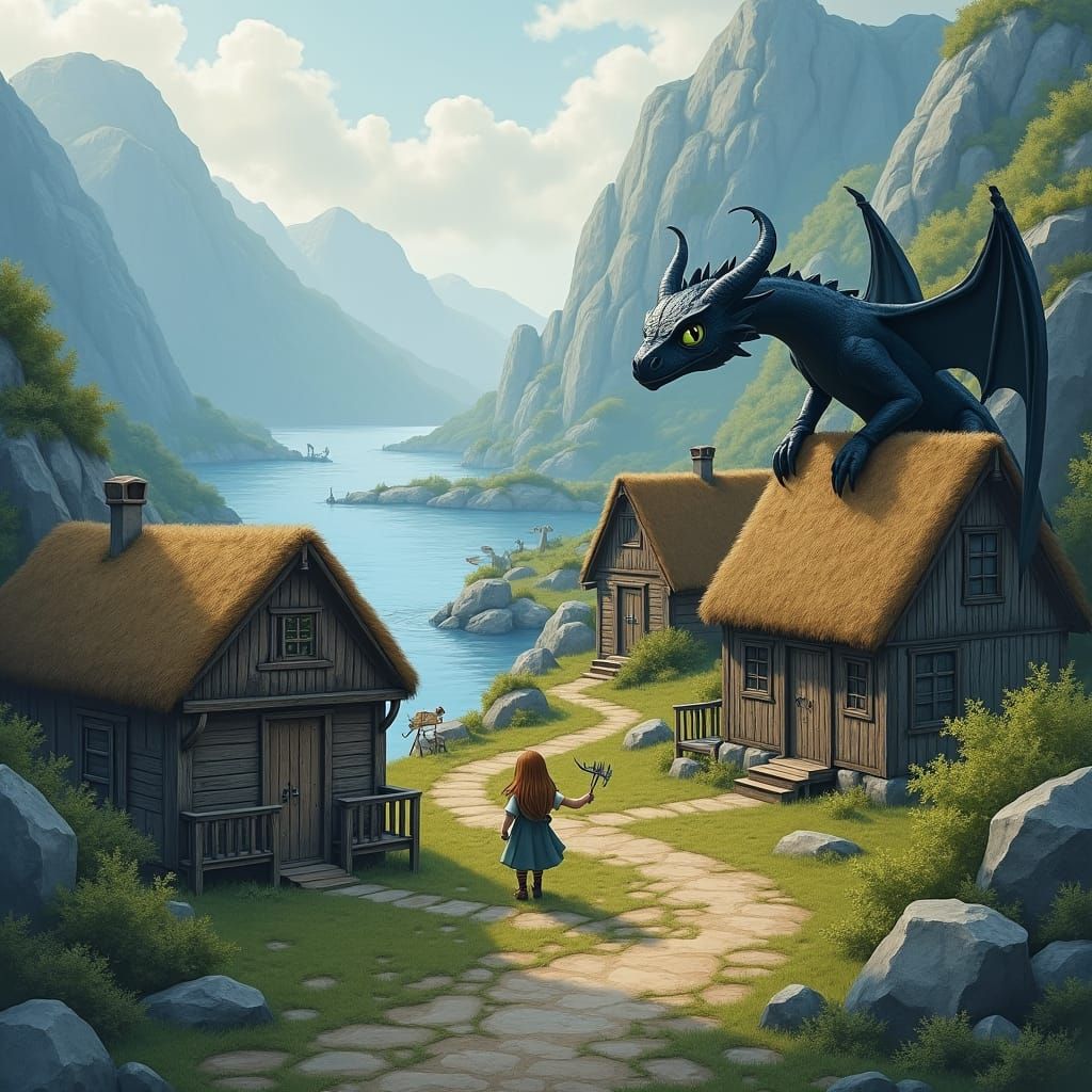 Toothless Helps Vikings Build a Village in Watercolor Style