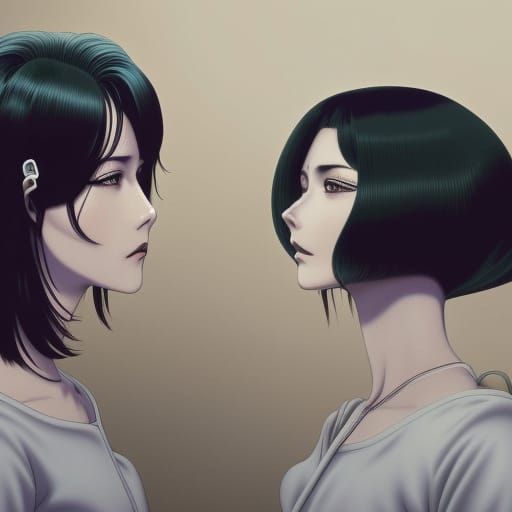 Anime Style Portrait of Women with Black and Blue Hair