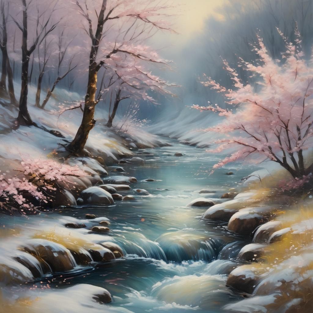 Impressionist Cherry Blossoms over Icy Stream