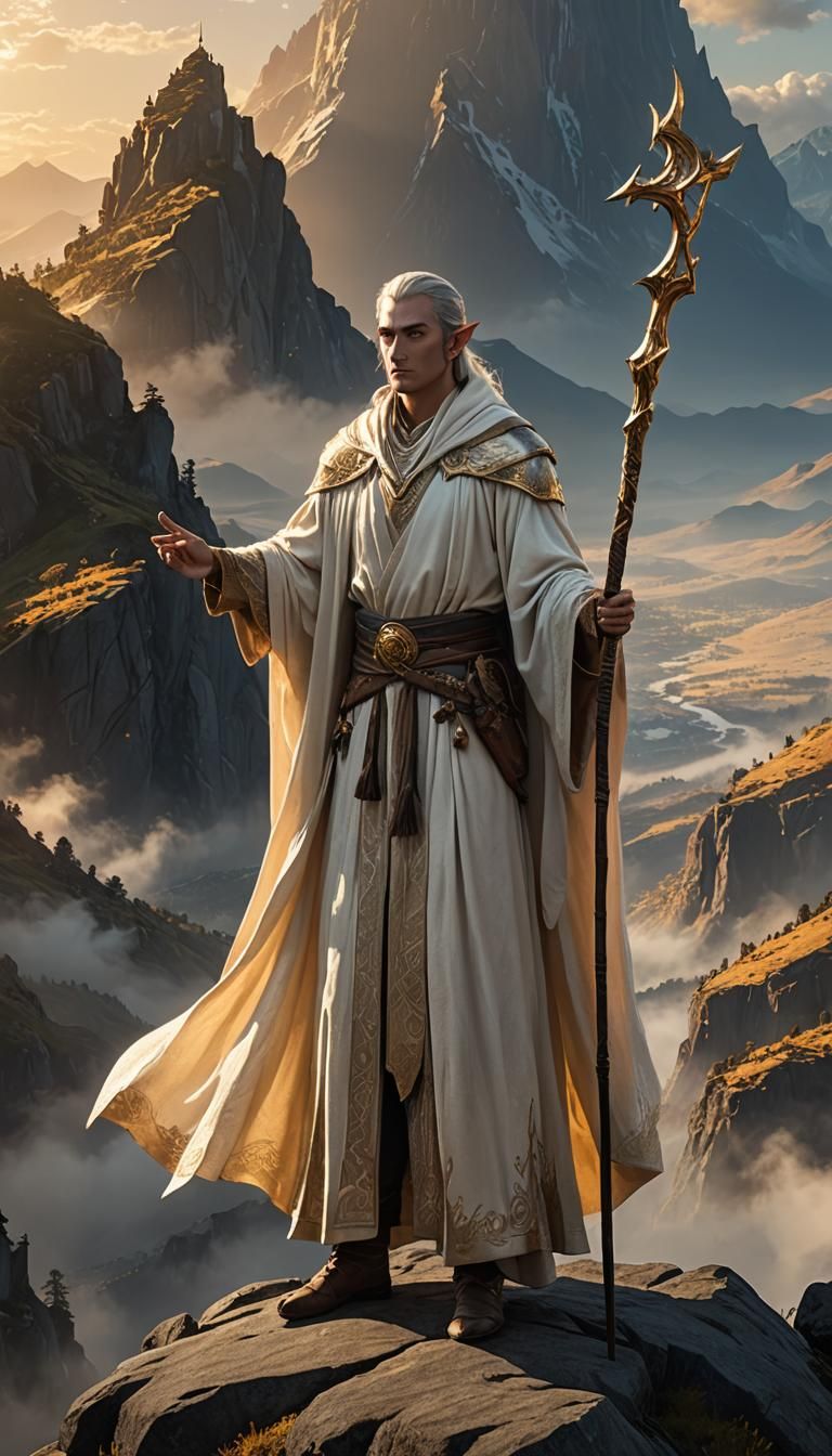 Elven Lord on Mountain Peak in Fantasy Realism