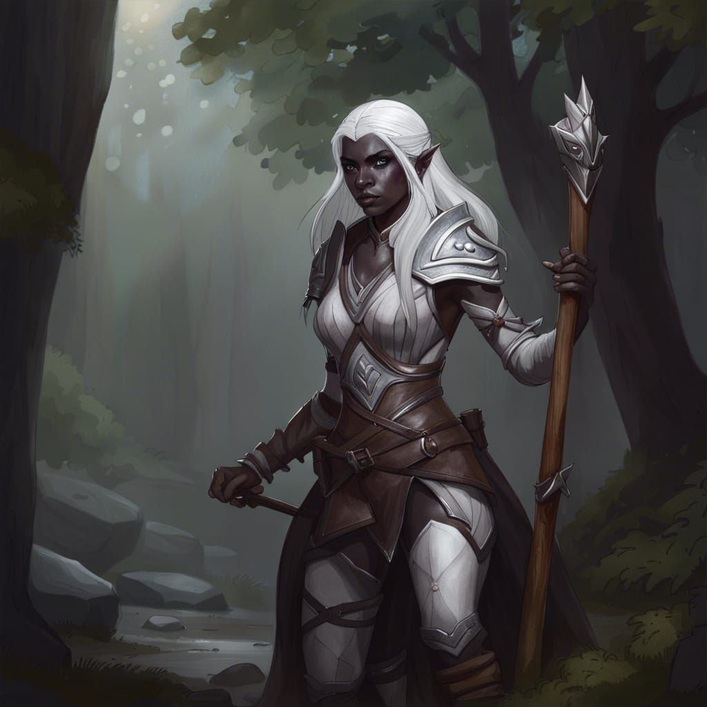 Half-Elf Drow Druid Character Design in Dark Fantasy Style