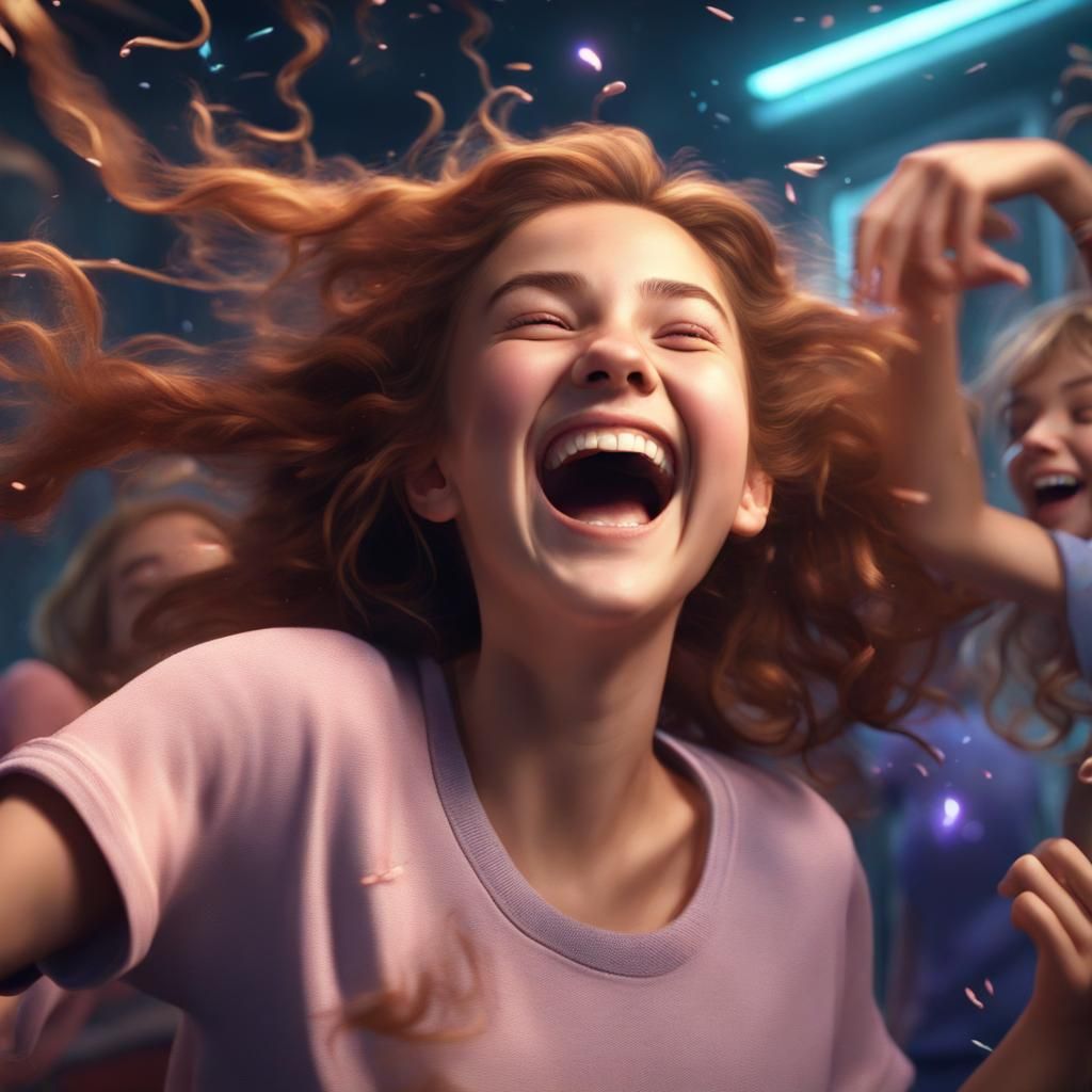Girl Laughing at Sleepover: Detailed Matte Painting