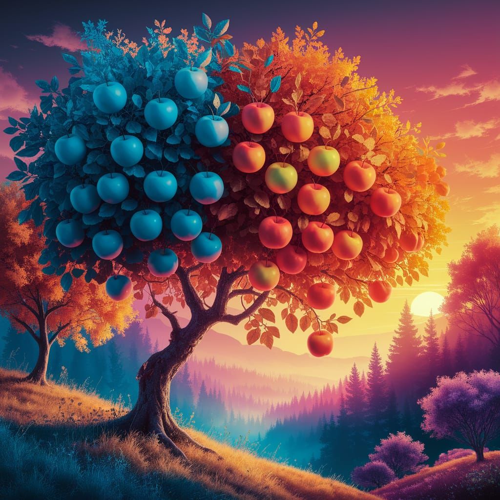 Fantastical Trees Bear Radiant, Colored Apples in a Golden S...