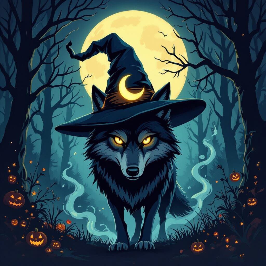 Spooky Wolf in Witch Hat on Halloween Night