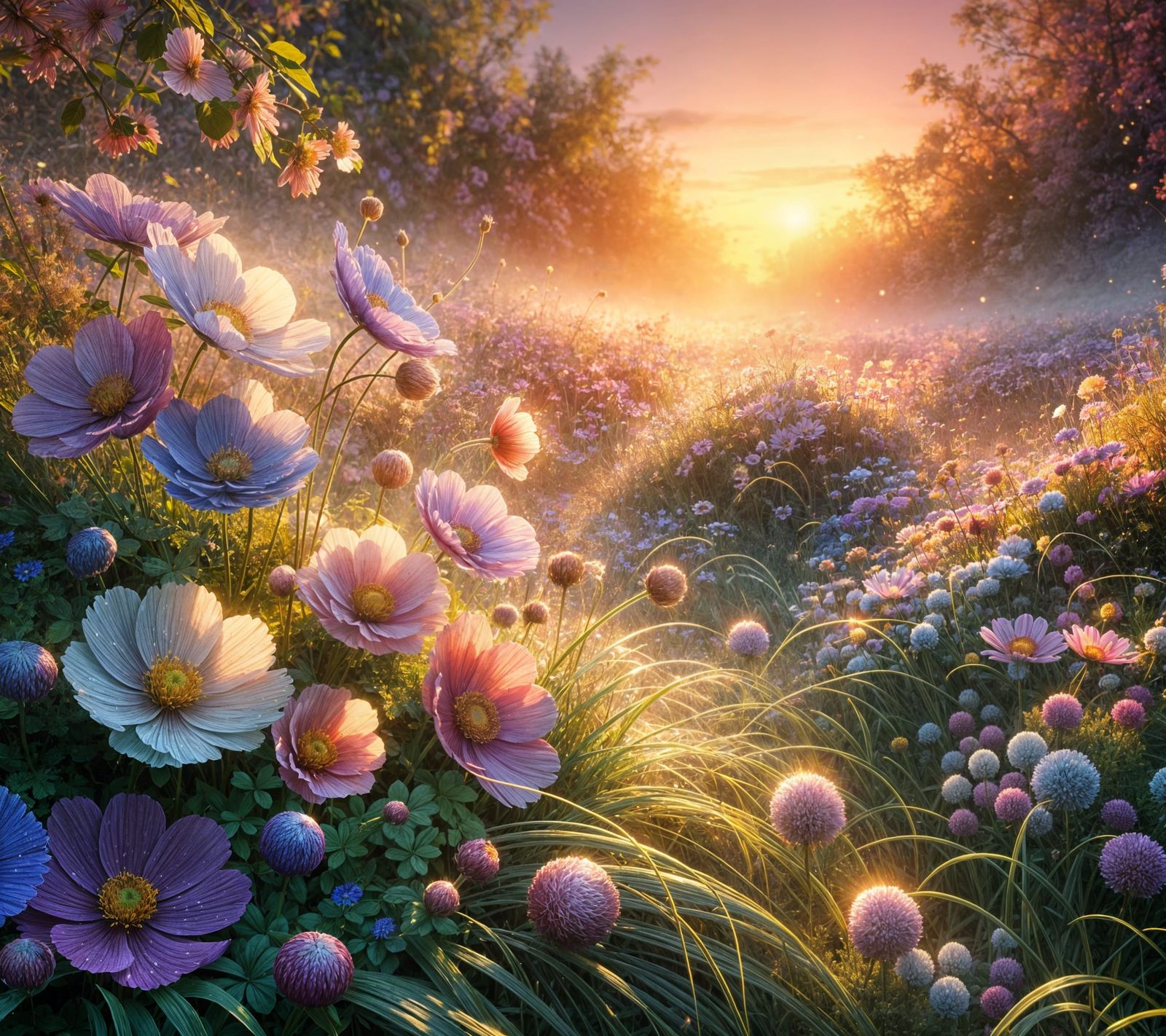 Blossoming Pastel Meadow at Dawn in 8K