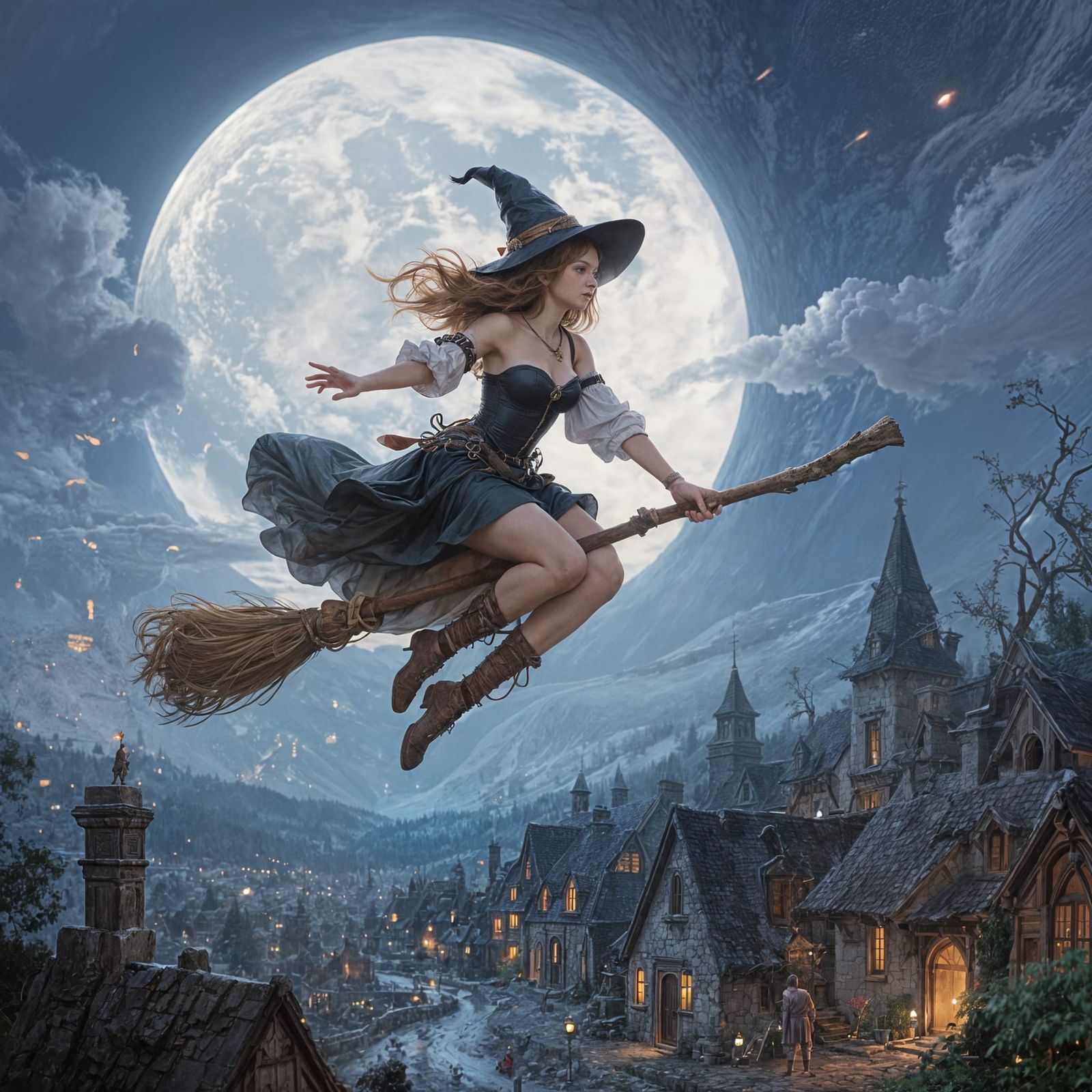 Witch Flying Over Village in Detailed Illustration Style