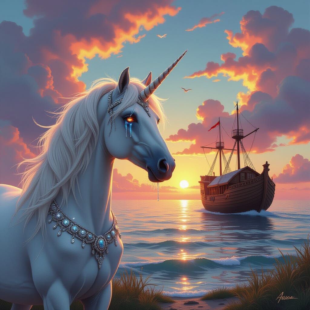 Melancholic Unicorn Misses Noah's Ark, Hyperrealistic Style