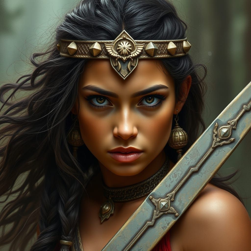 Ancient Greek Amazonian Female Warrior in Full Regalia