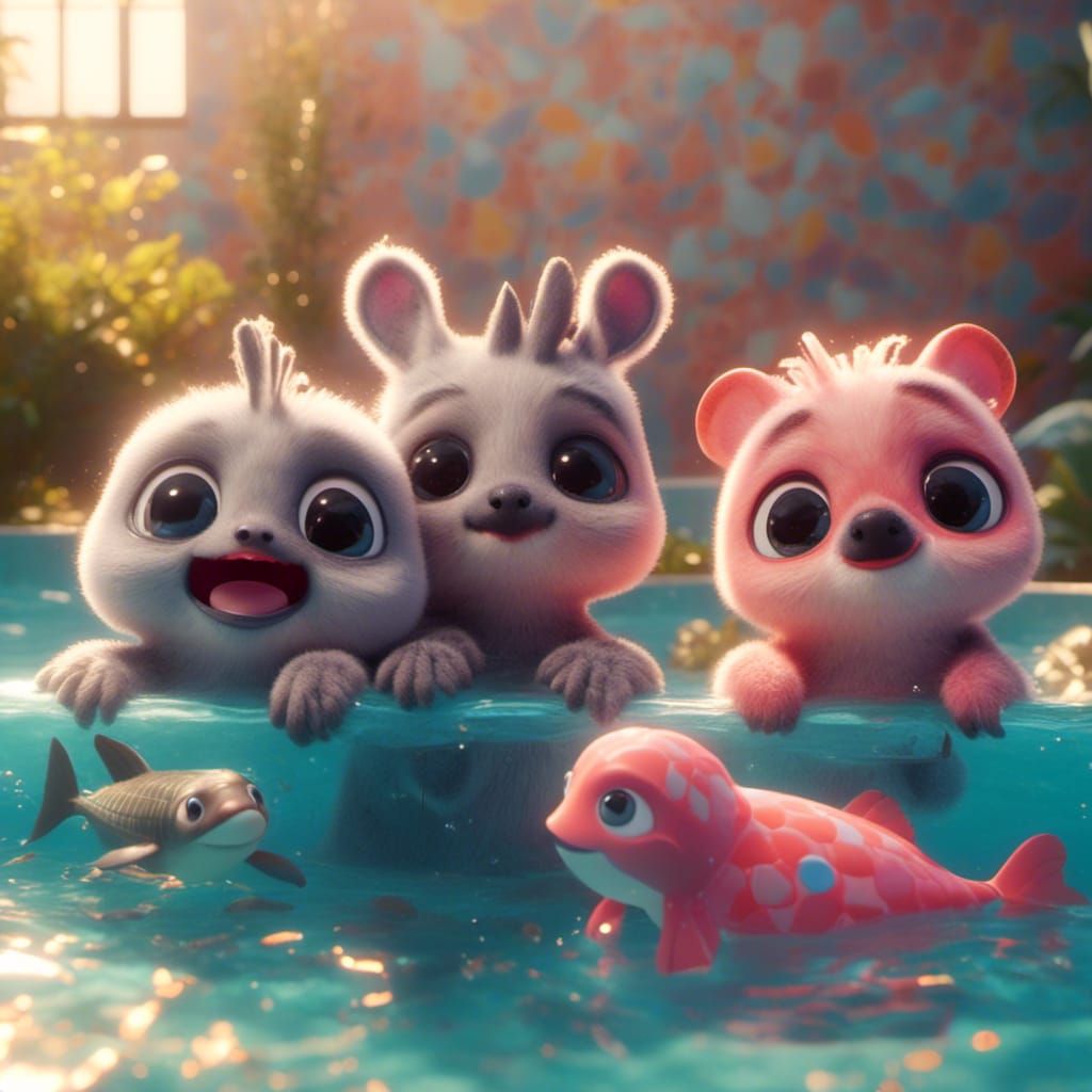 Animal Family Pool Party in Pixar 3D Style