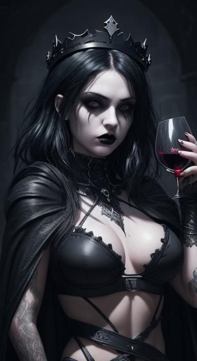 Gothic Woman in Dark Castle with Wine Cup