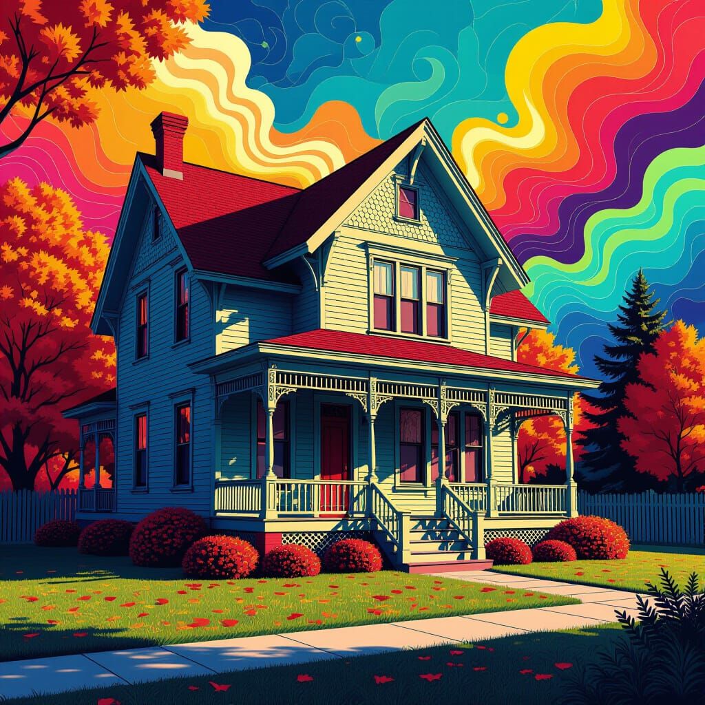 Hyperrealistic House with Abstract Fractal Background