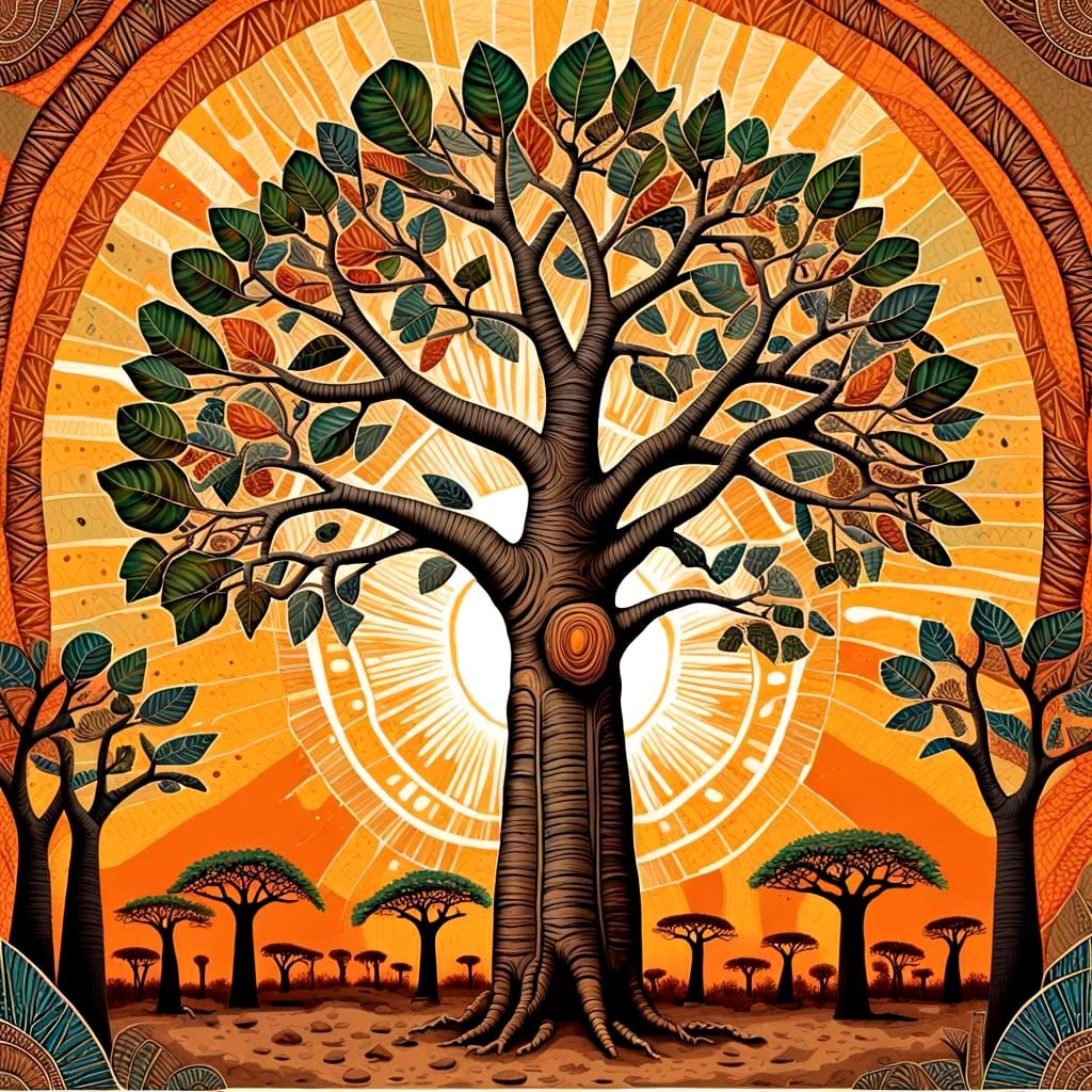 African Tribal Baobab Tree Art in Fantasy Style
