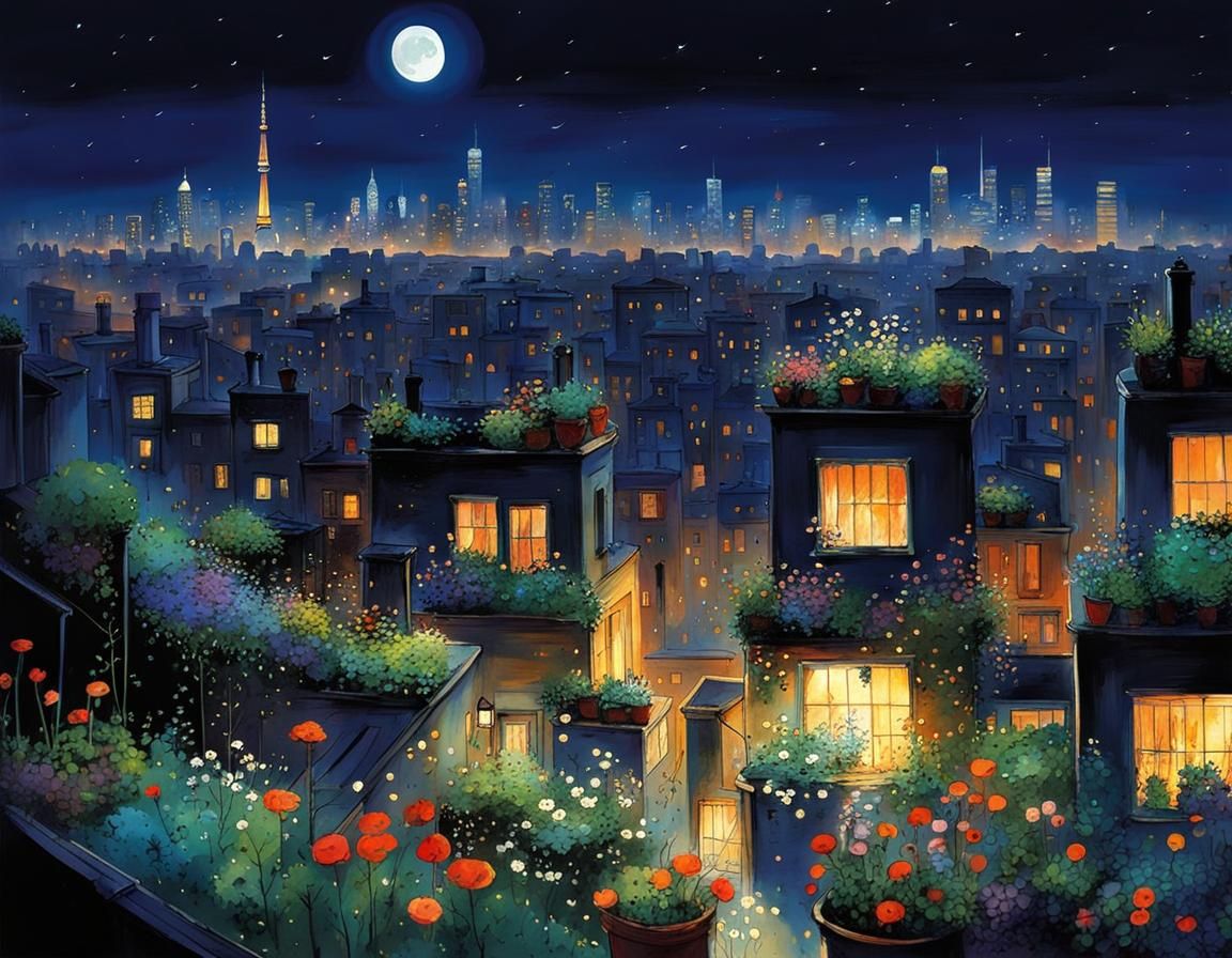Moonlit Rooftop Garden in Animation Style