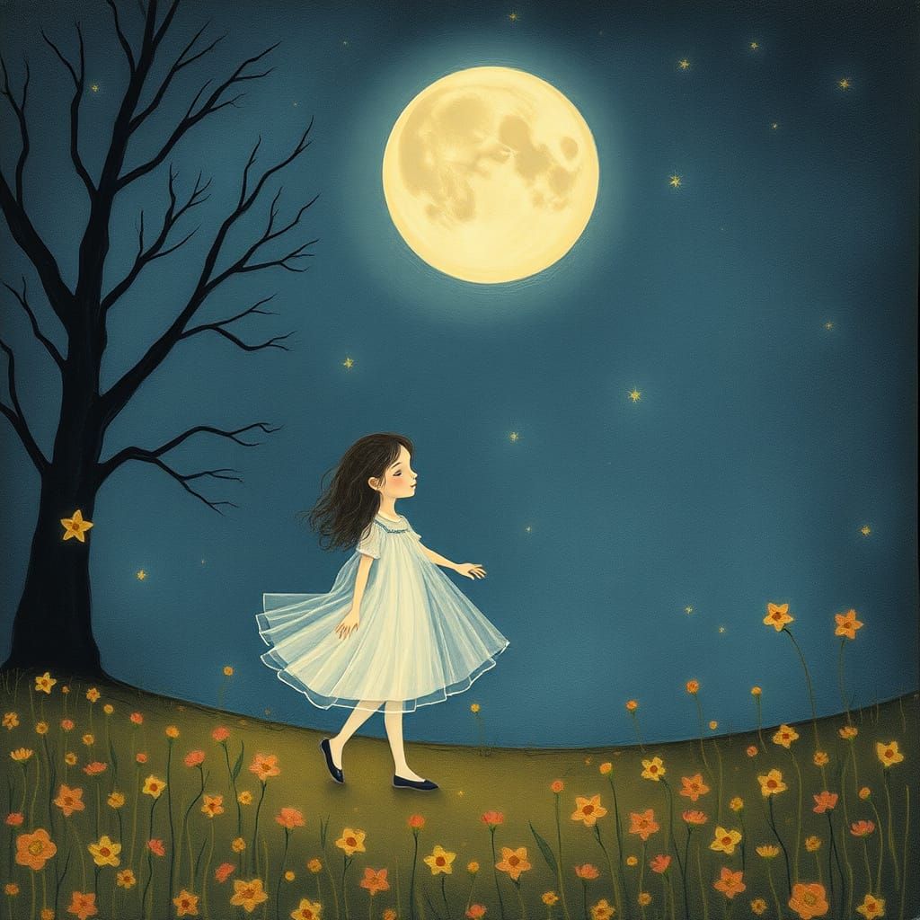 Enchanting Woman Strolls Through Moonlit Landscape in Dreaml...
