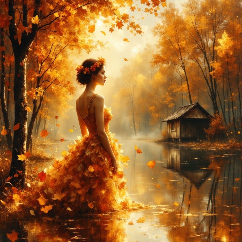 Autumn Fairytale: Girl Personifying Season by River