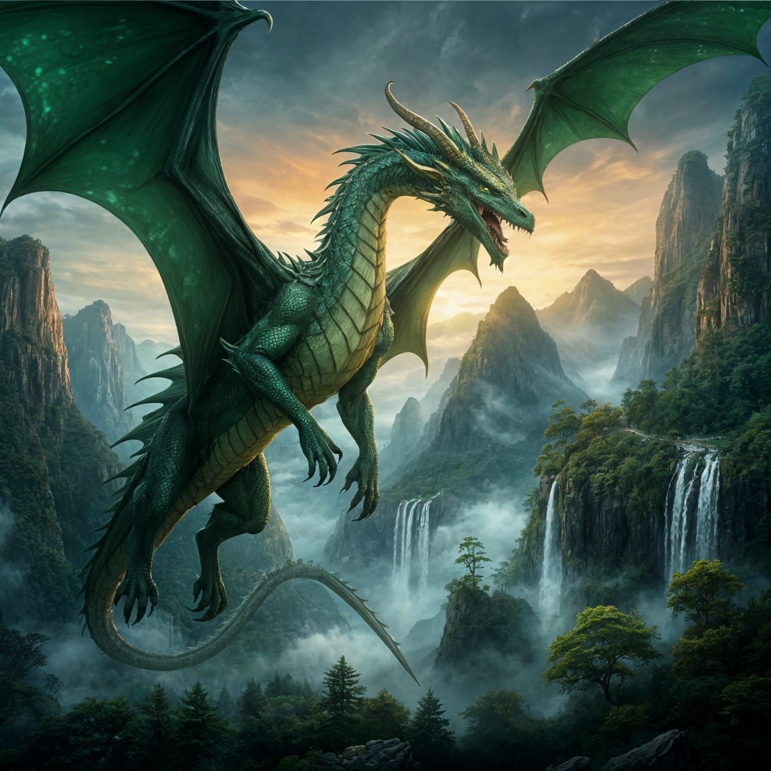 Majestic Dragon Soaring Over Lush Mountain Landscape