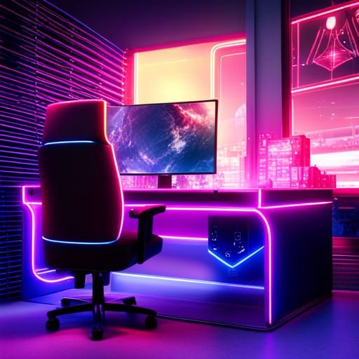 Neon Gaming Computer in a Digital Matte Painting