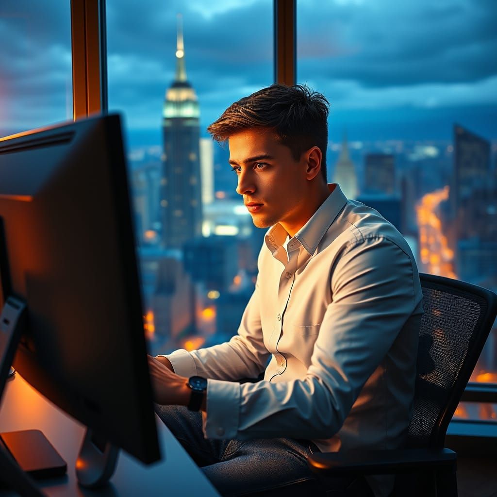 Hyperrealistic Young Professional in a Bustling City Office