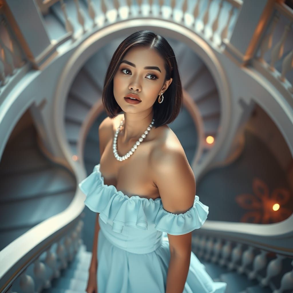 Sleek Brunette in Ethereal Staircase Dreamscape