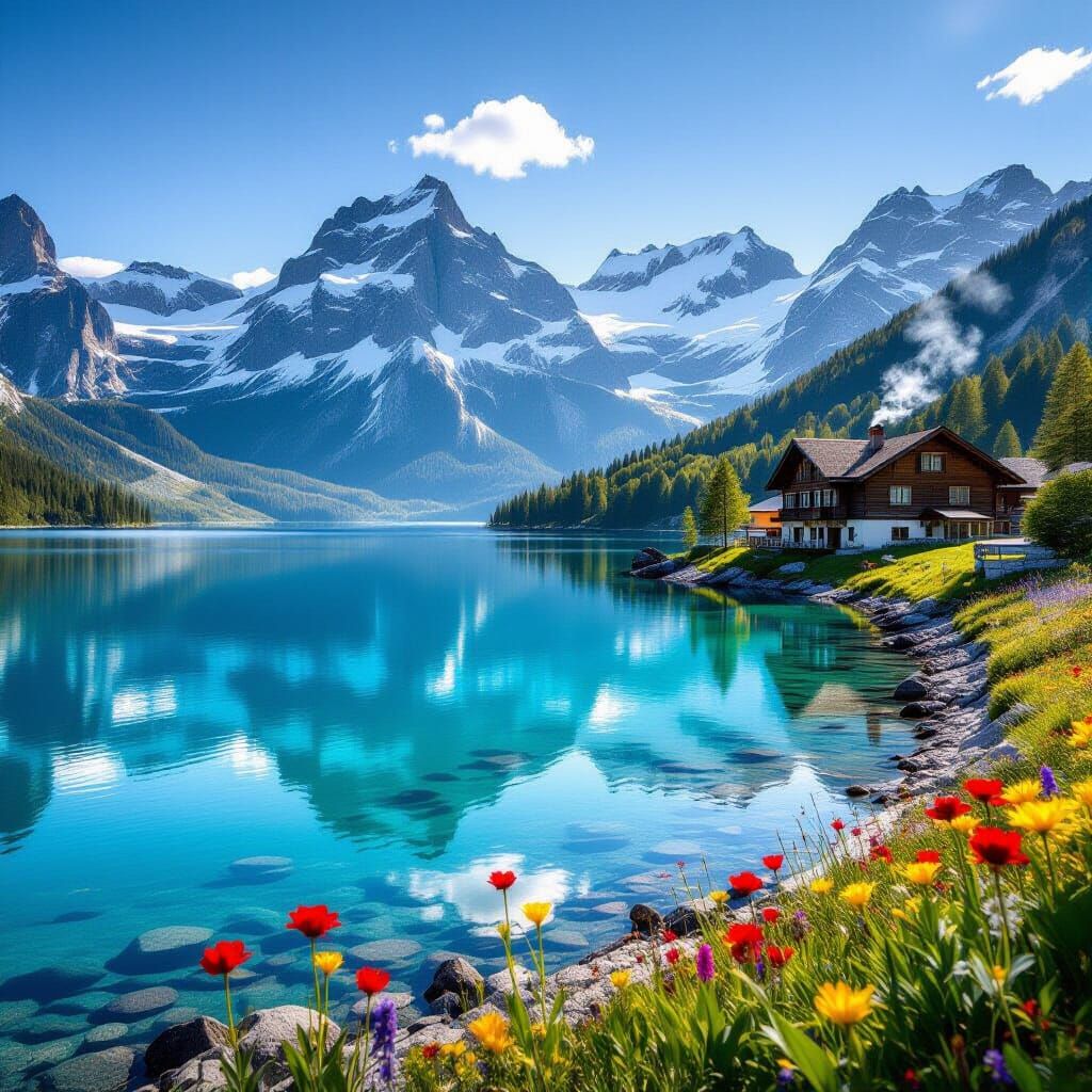 Serene Alpine Lake Reflecting Snow-Capped Peaks at Sunrise