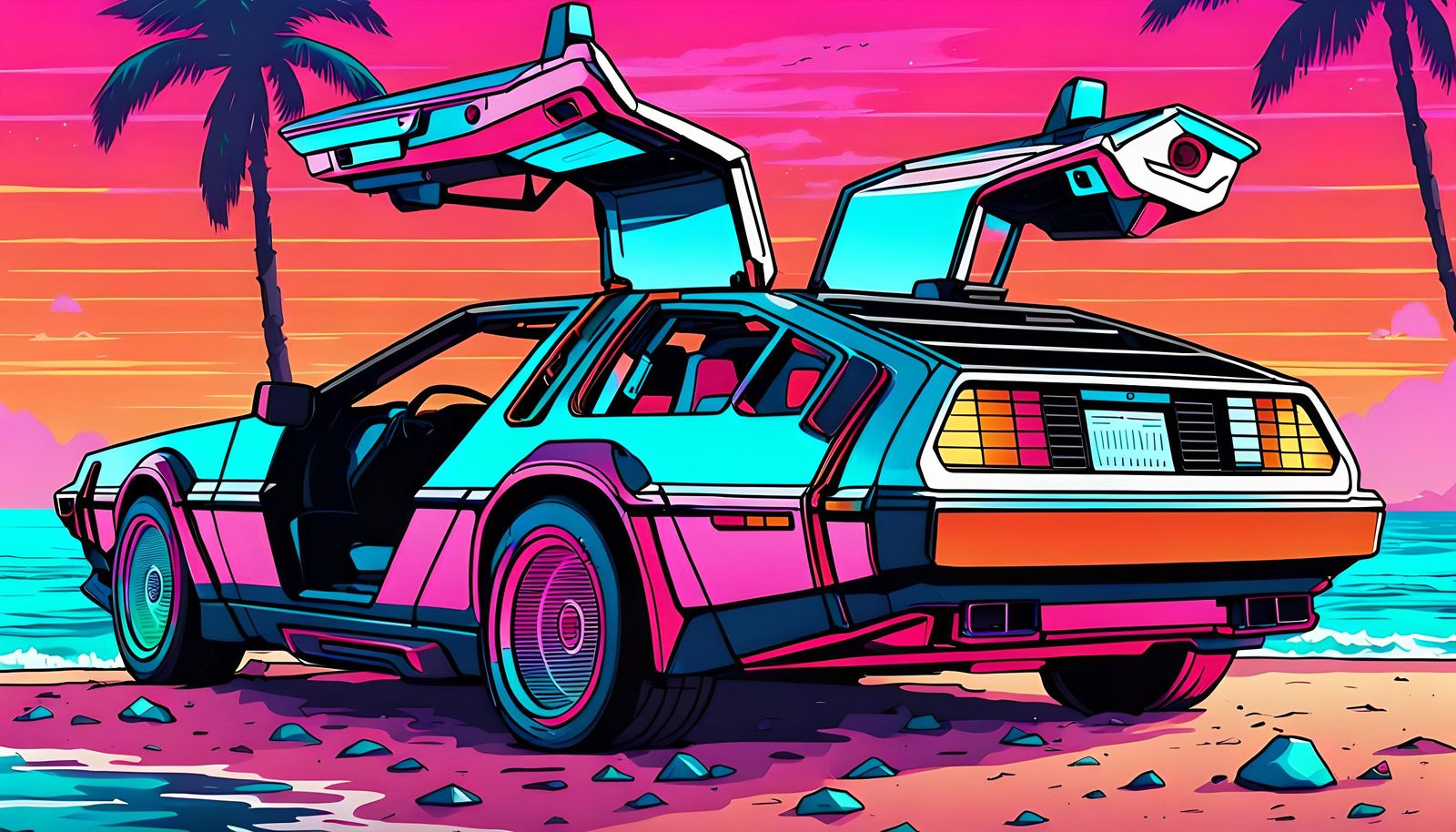 DeLorean in 80s Retrowave Sunset, Los Angeles
