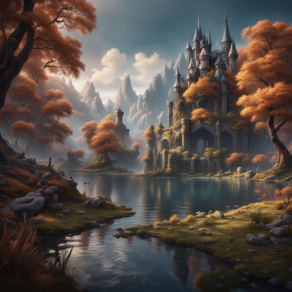 Fantastical Swan Lake Landscape: Detailed Matte Painting