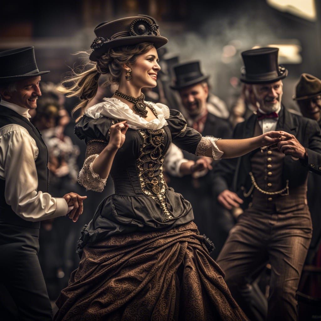 Victorian Steampunk Dance Party in Hyperrealistic Style