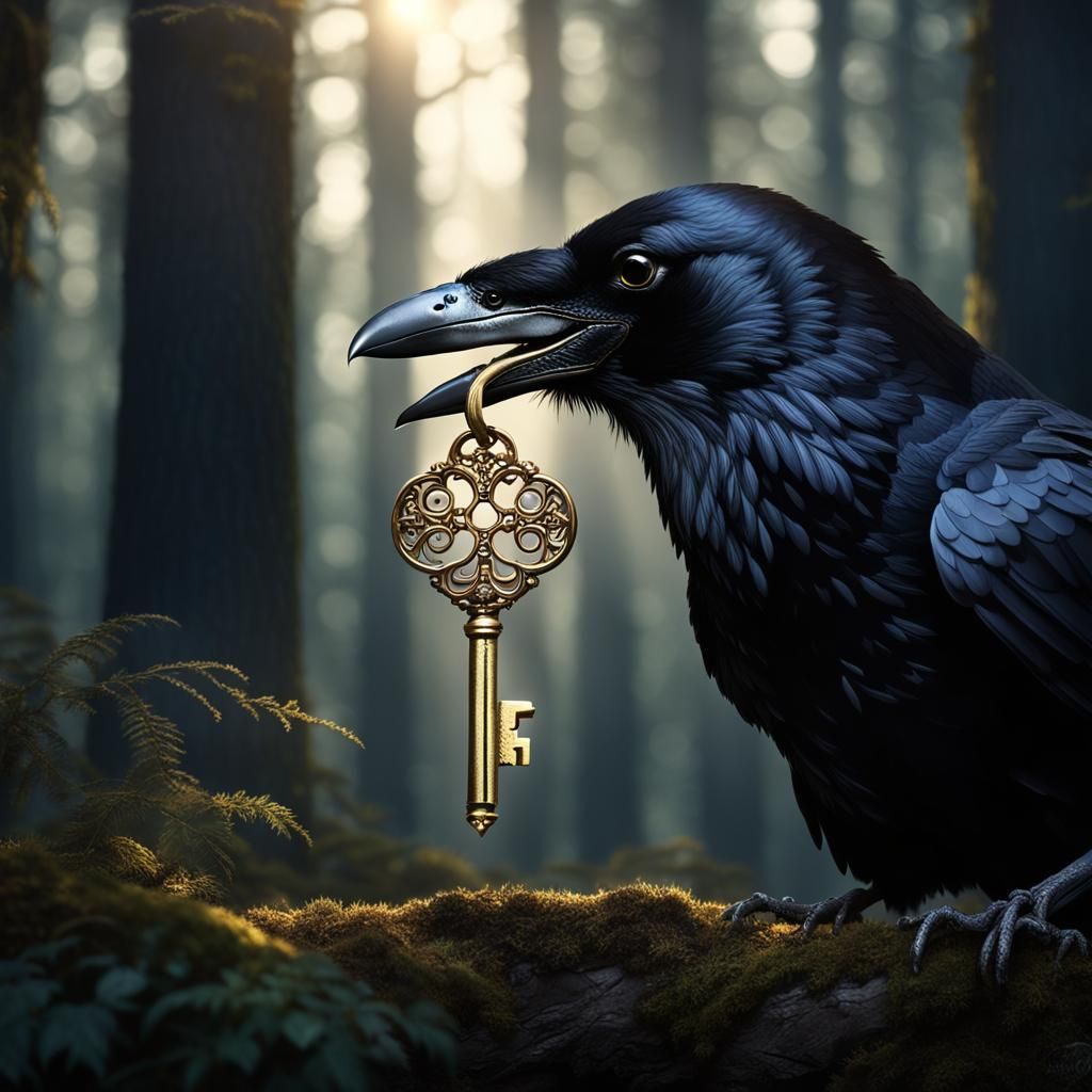 Raven Carrying a Golden Key Through Mystic Forest
