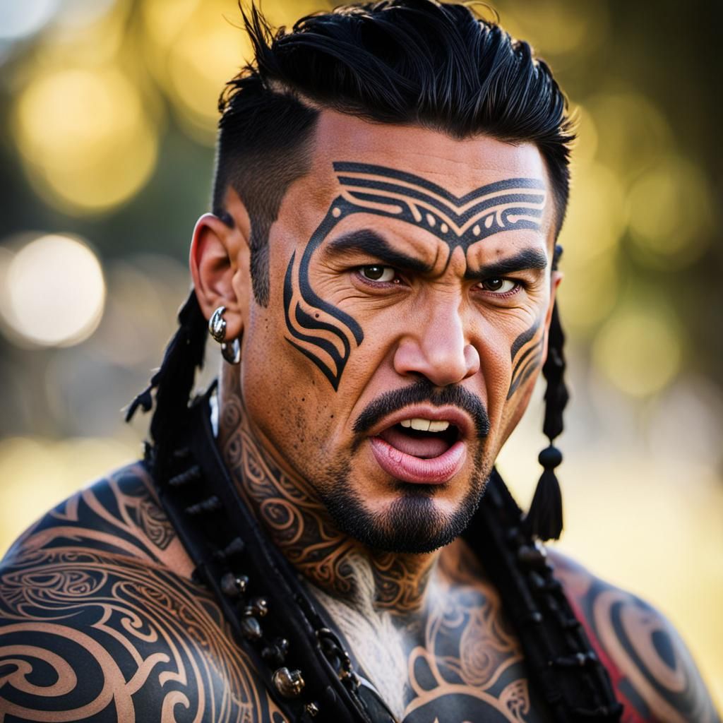 Fearsome Maori Warrior Portrait with Traditional Tattoo