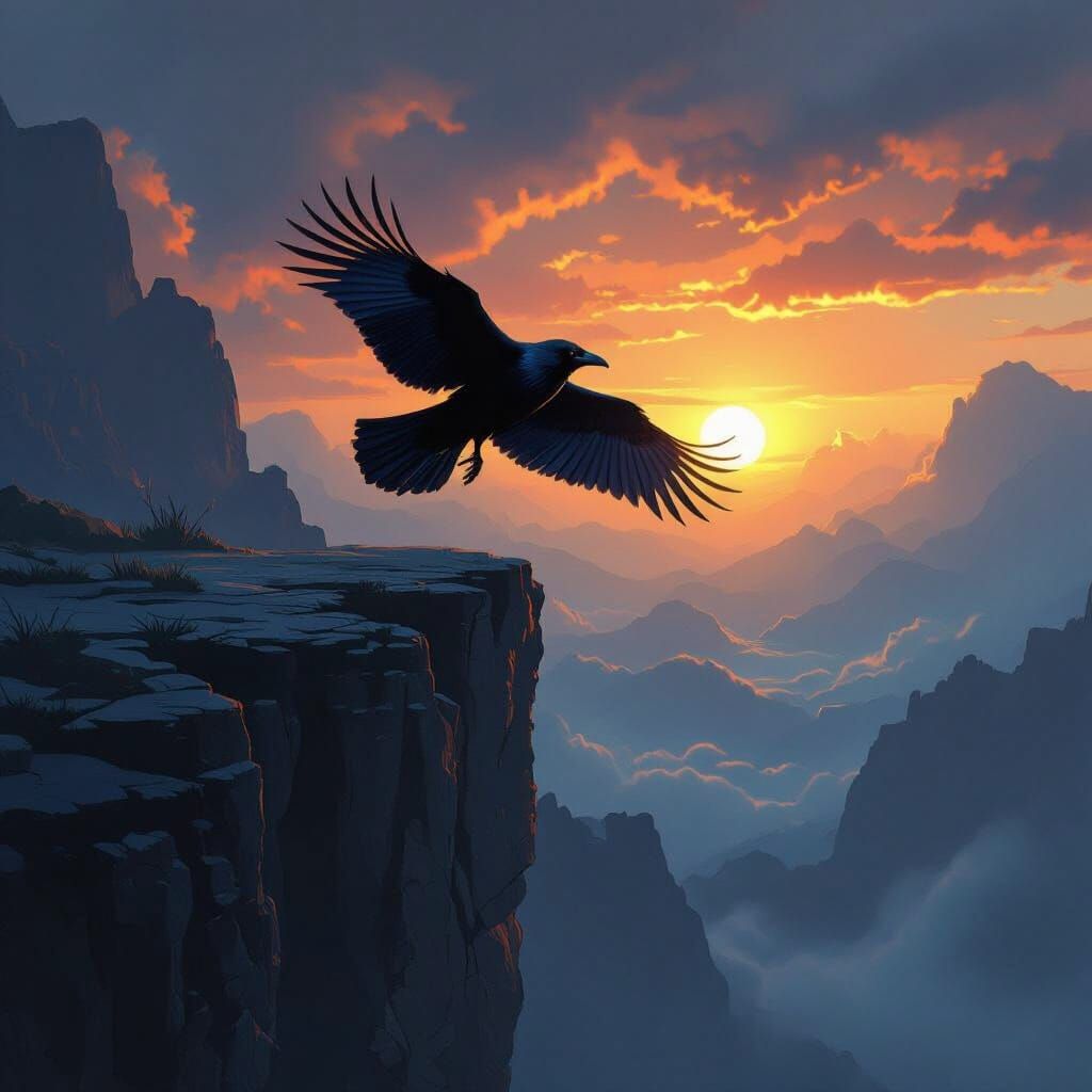 Majestic Raven Flies Over Windswept Cliff at Sunset