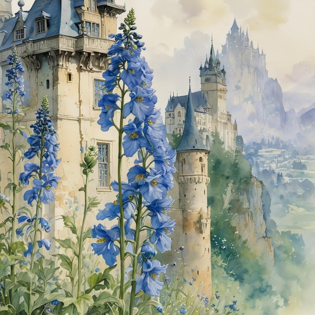 Misty Watercolor Delphinium and Monkshood with Castle