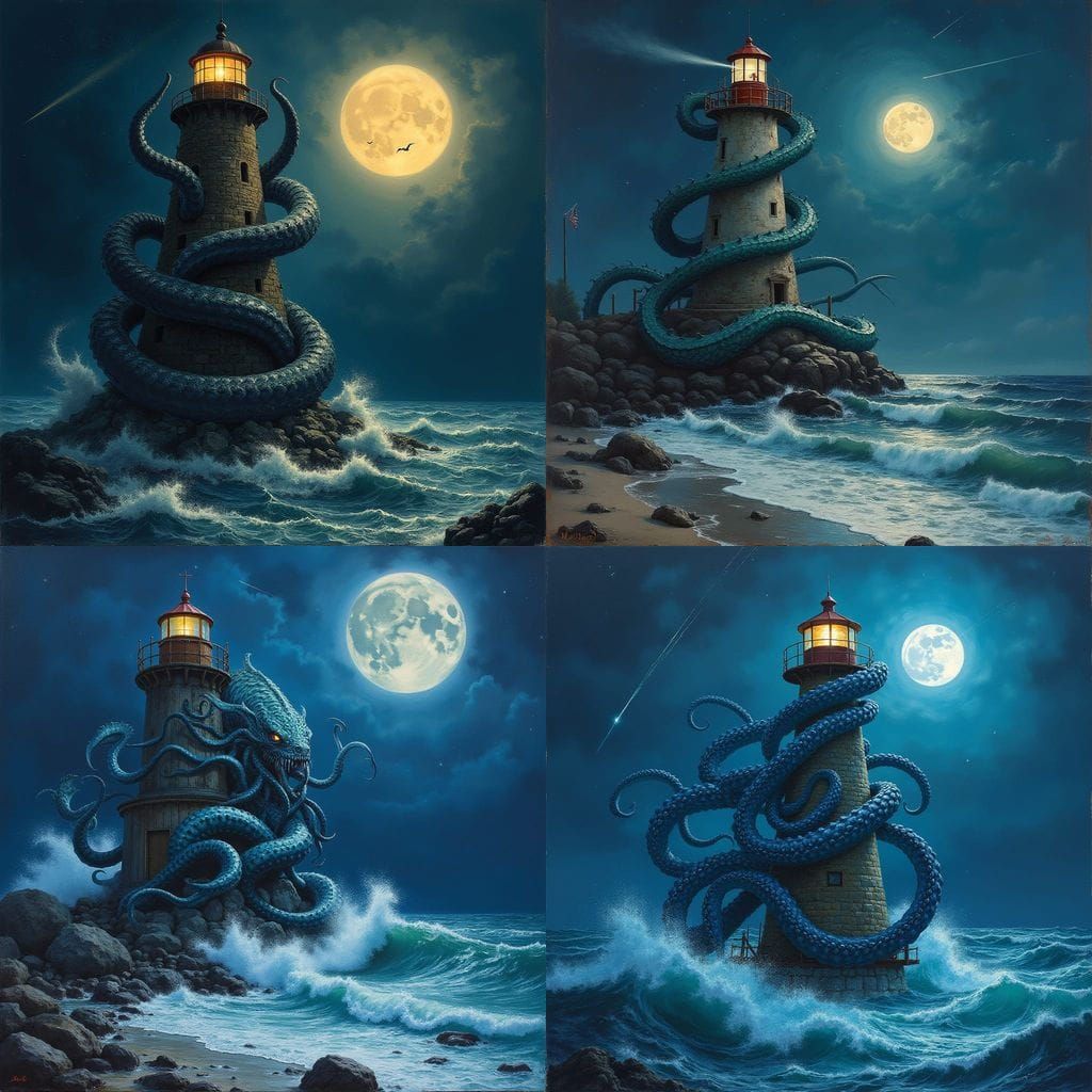 Kraken Attack on Lighthouse at Night: Oil Painting