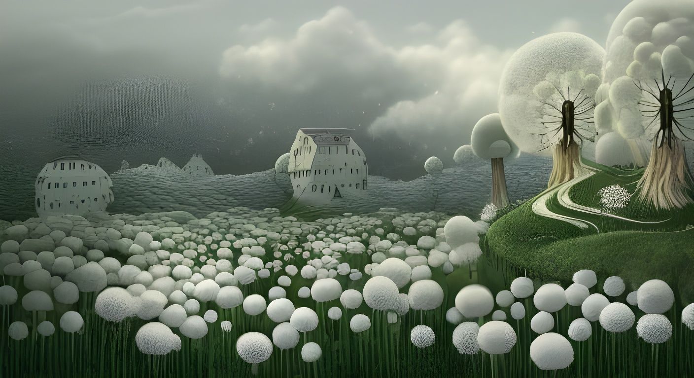Surreal Dandelions in Snowy Village, Graffiti Art Style