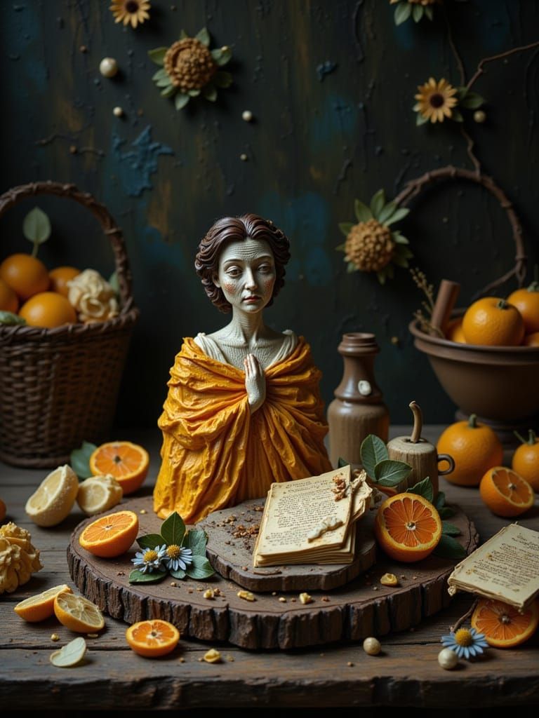 Wax Sculpted Dark Academia Scene with Caravaggio Lighting