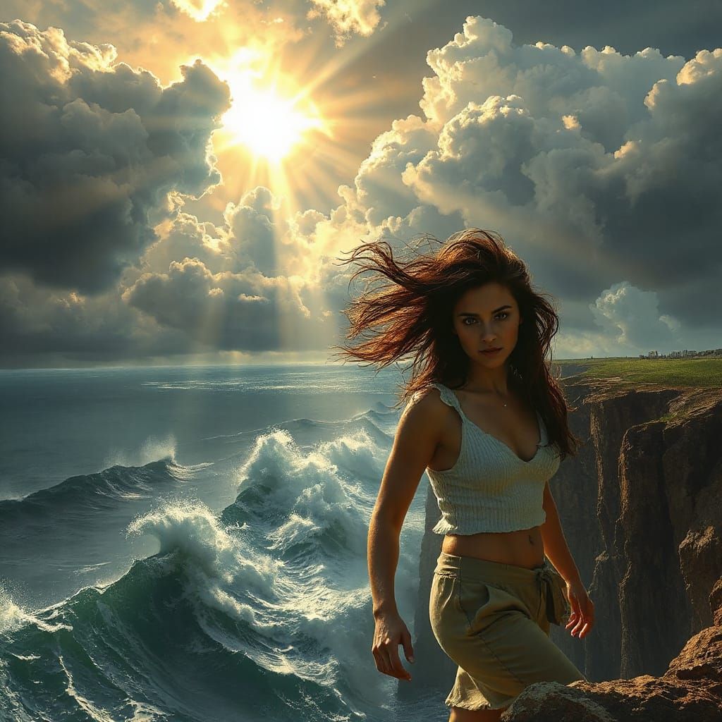 Woman on Cliff Edge in Harsh Light