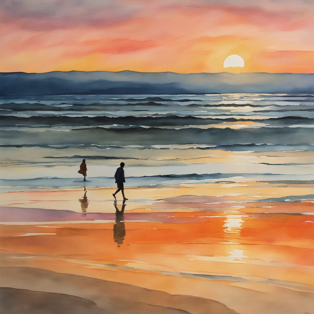 Sunset Beach Watercolor Painting with Golden Light