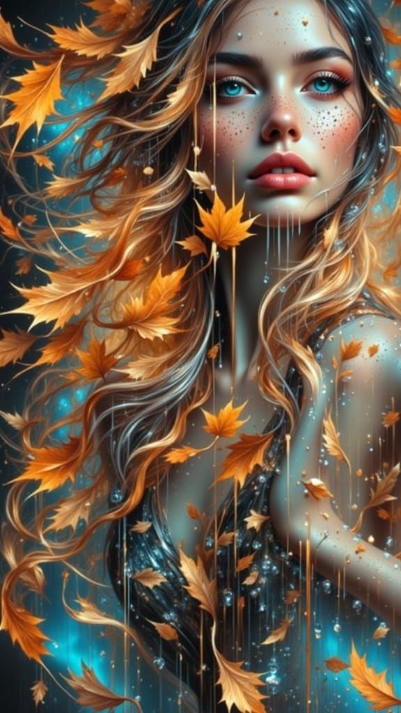 Autumn Lady's Face with Raindrops and Leaves