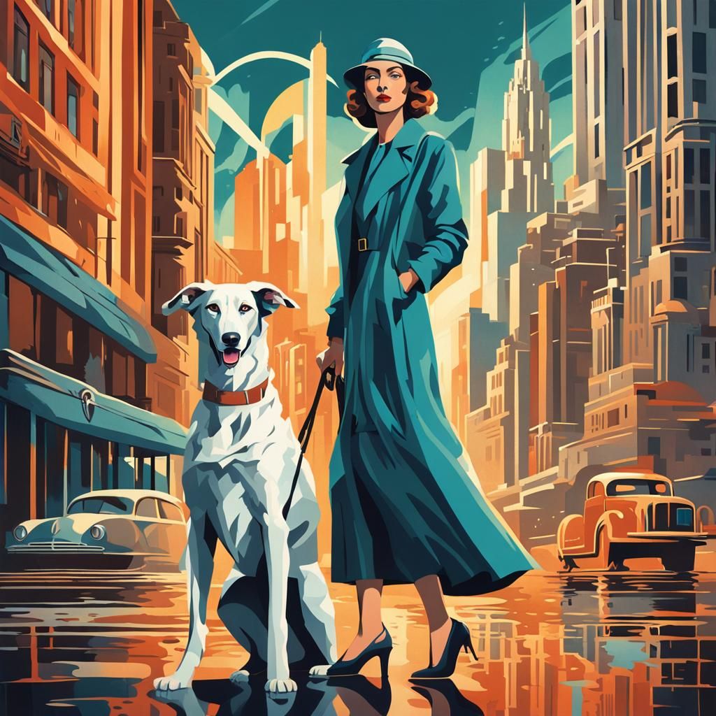 Art Deco Woman with Borzoi in Metropolis